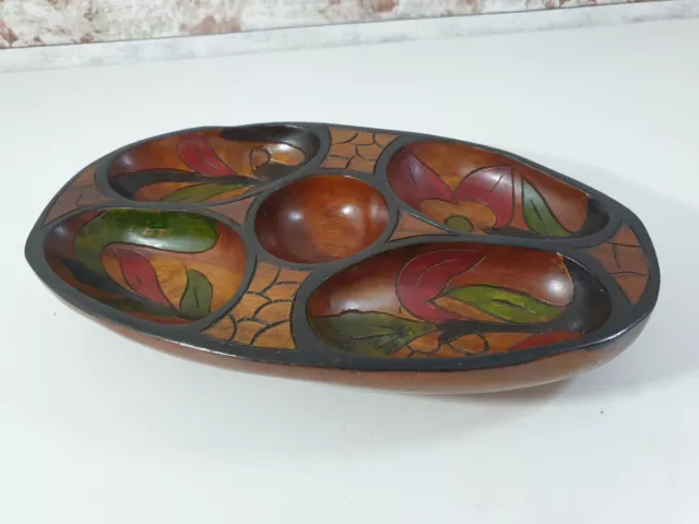 Vtg 60s MCM Hawaiian Monkey Pod Wood Serving Tray Divided Dish Hand Painted