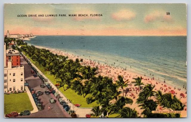 Miami Beach FL~Birdseye Ocean Drive & Lummus Park~Bathing Beach~1940 Linen PC