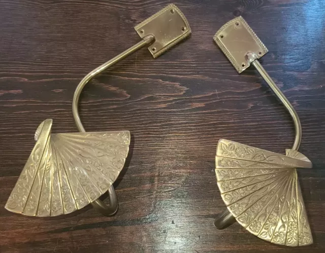 Vintage Pair Solid Brass Japanese Fan Decorative Curtain Tie Backs Wall Mount