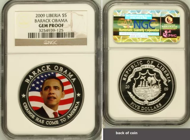 2009 Republic of Liberia $5 Barack Obama NGC PCGS Gem Proof Silver Plated Coin