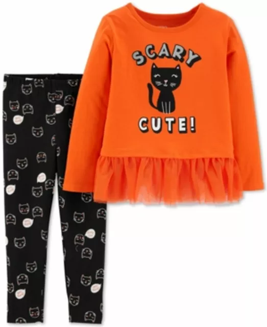 Carters Toddler Girls Orange Black Cat Kitten Sparkle Glitter Tutu 2 Pc Set