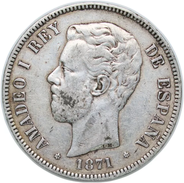 España Amadeo I 1871 *18-71 Sdm 5 Pesetas Moneda Plata Mbc+