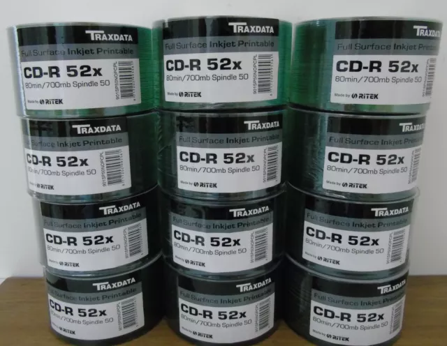 600 x Ritek Traxdata 52x Full Face White Inkjet Printable Blank CD-R CDR Discs