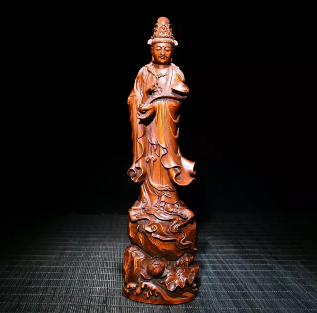 8.4'' China Wood Buddha Statue natural old Boxwood Kwan-yin Guanyin Statue