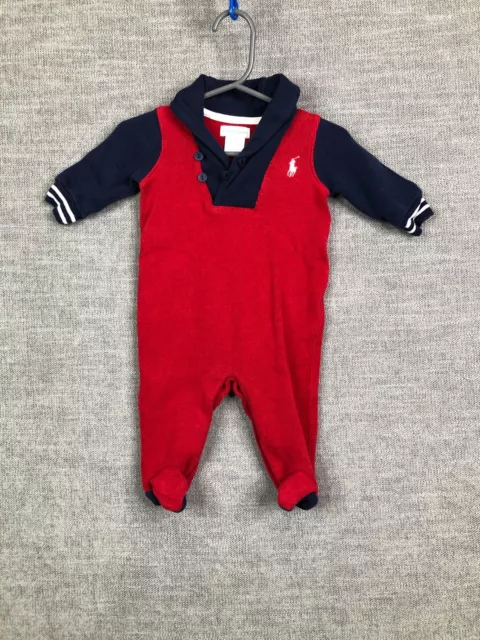 Ralph Lauren Romper Baby Boys 3M Months Red French Ribbed Coverall Shawl Collar