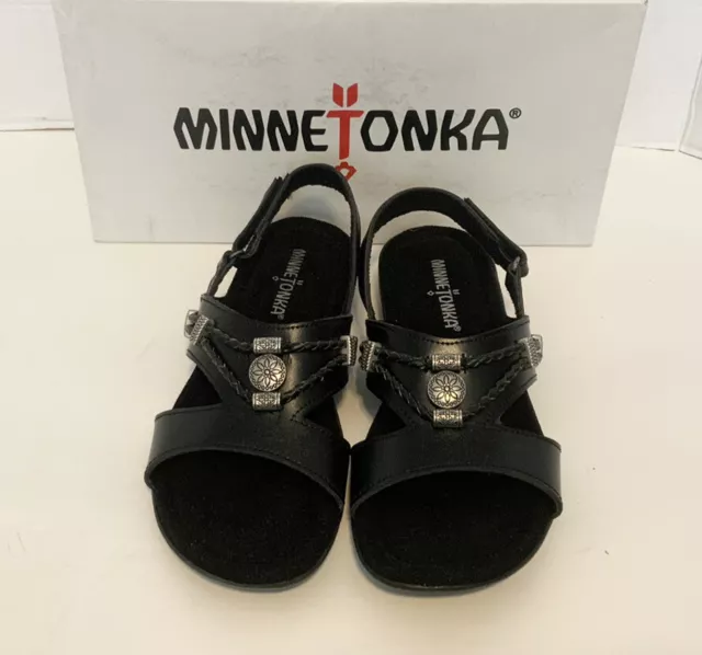 Minnetonka Sylvia Black Leather Slingback Sandals Women’s Size 6 Brand New