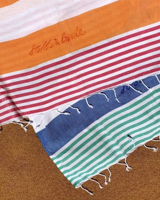 NWT SASS & BIDE Logo Embroidered Stripe Beach Pool Towel Sarong - Candy / Orange