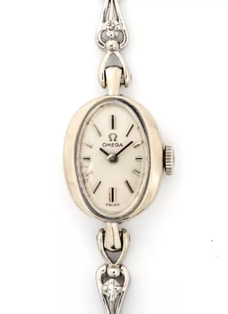 Vintage 14k White Gold Case Omega Ladies Watch with Diamonds, 1969