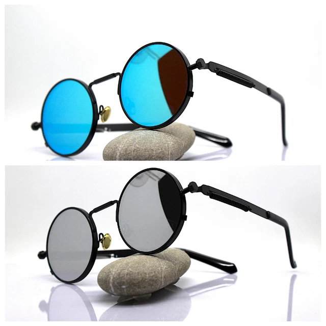 Lunettes de Soleil Ronde Homme Femme Noir Bleu Miroir Argenté Steampunk Rock