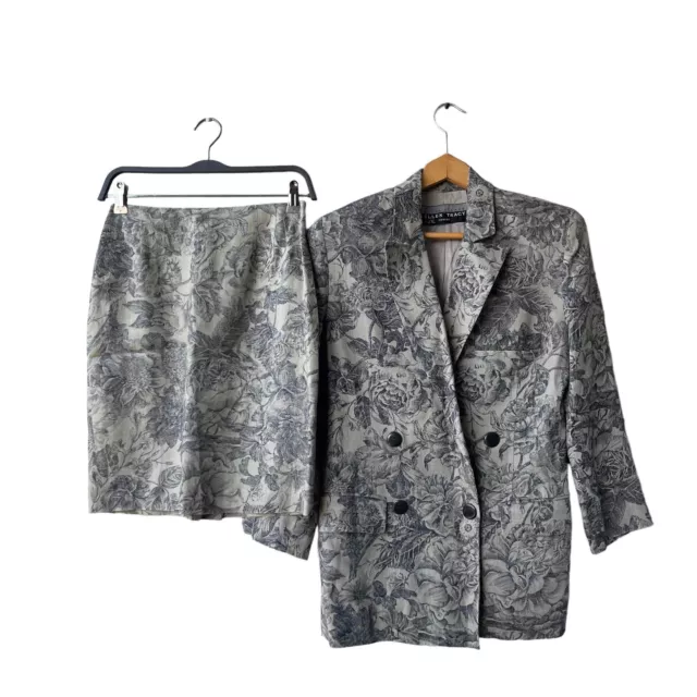 Linda Allard Ellen Tracy Floral Knee-Length Double Breasted Linen Skirt Suit 2P