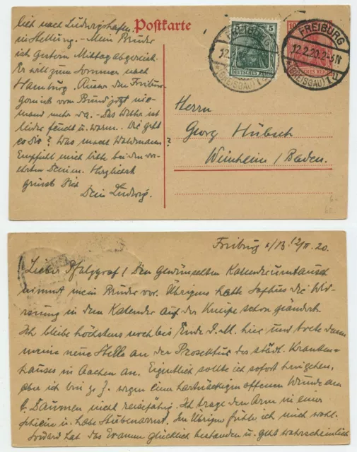 106652 - Ganzsache P 107 - ZuF - Postkarte - Freiburg 12.2.1920 nach Weinheim