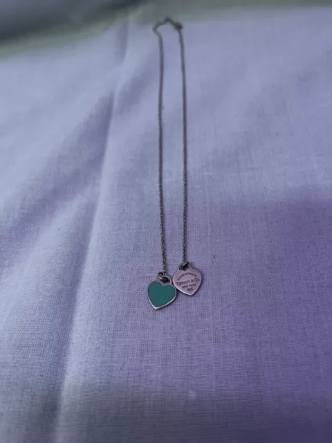 Tiffany & Co 925 Blue Enamel Double Heart Tag Pendant Necklace 2.7g