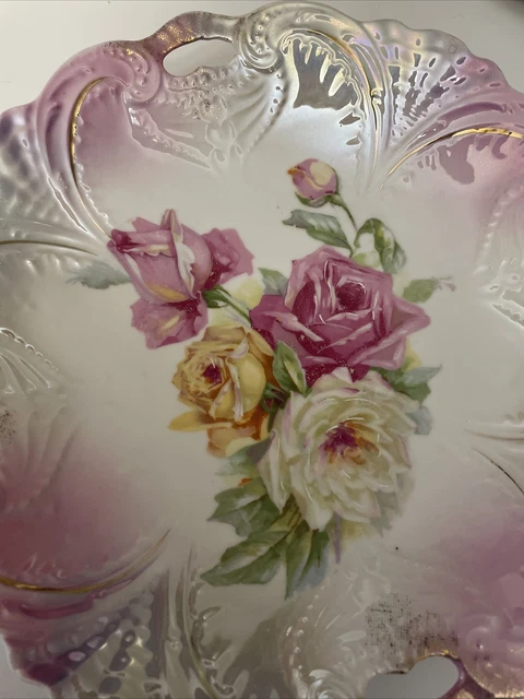 Bavaria T L Hand Painted Floral Pattern 9 1/2” Double Handle Porcelain Plate B01 3