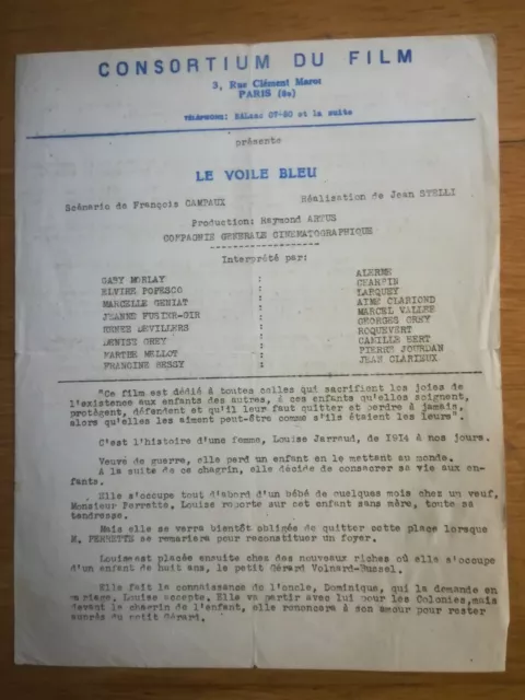 manuel publicité affichette cinéma - années 50 - Le voile bleu
