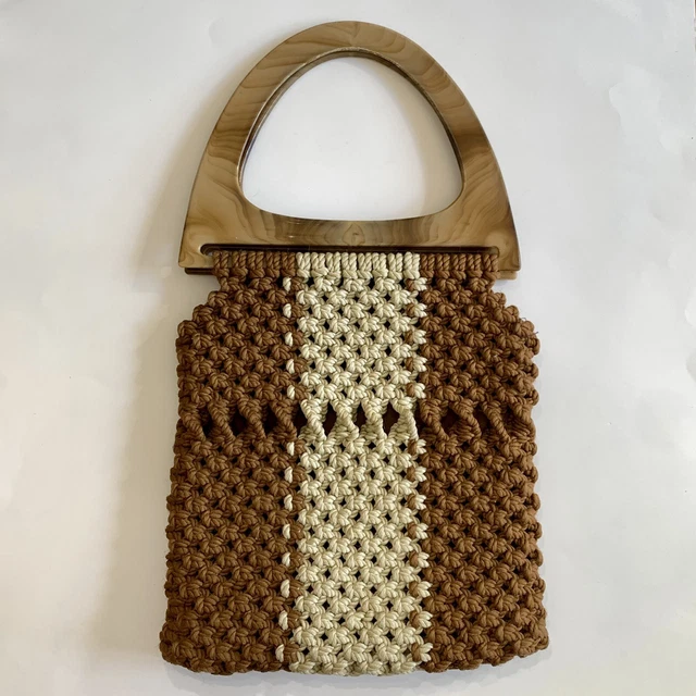 Vintage Macrame Rope Purse Handbag Plastic Handles Boho 1970s Lined Brown Tan