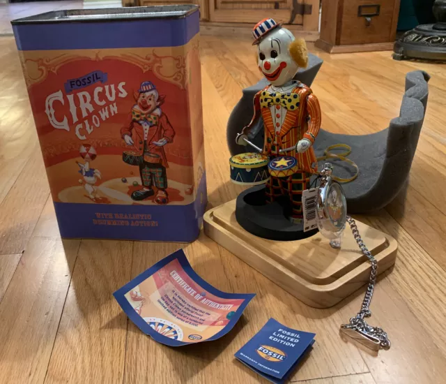 VINTAGE FOSSIL CIRCUS Clown Pocket Watch & Tin Toy Ltd VINTAGE FOSSIL CIRCUS Clown Pocket Watch & Tin Toy Ltd