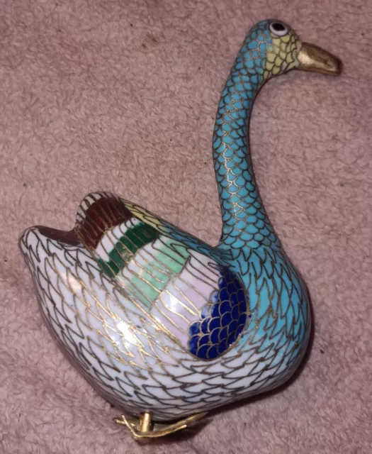 VINTAGE CLOISONNE GOOSE Duck Bird Brass Enamel Figurine 5