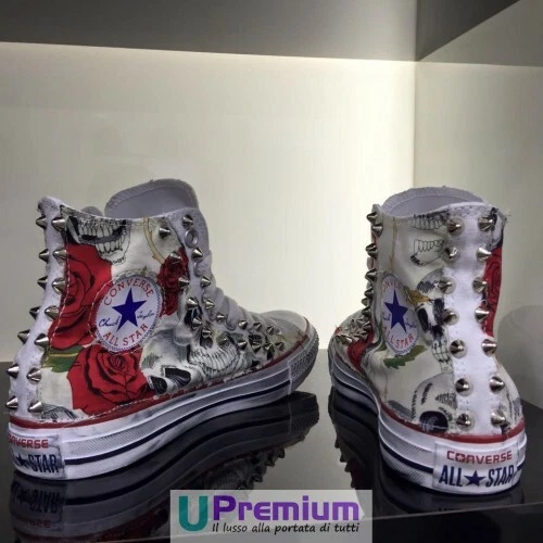CONVERSE ALL STAR Teschio Bianche Cream Rose Rosse Borchiate