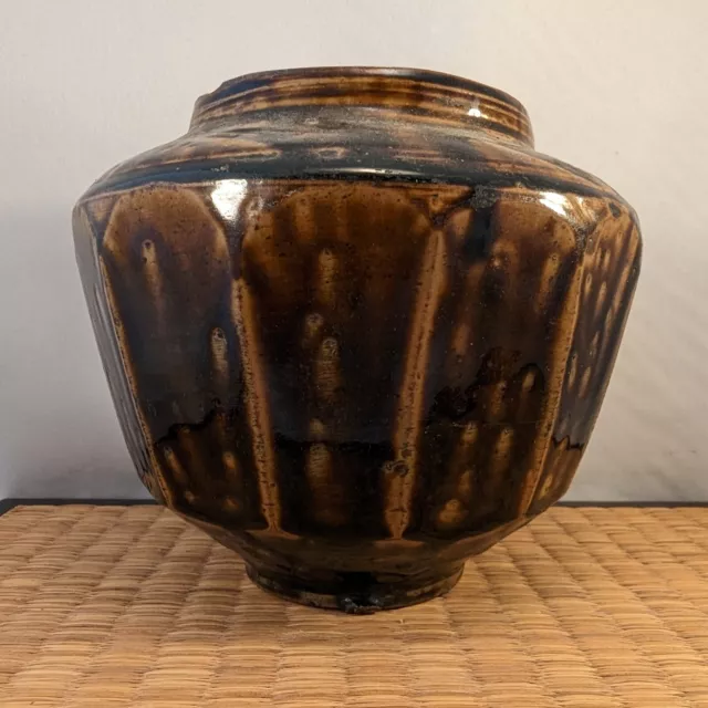 Antique Korean Ceramic Pottery Honey Jar 12-Sided Caramel Brown Korea 5 1/2"