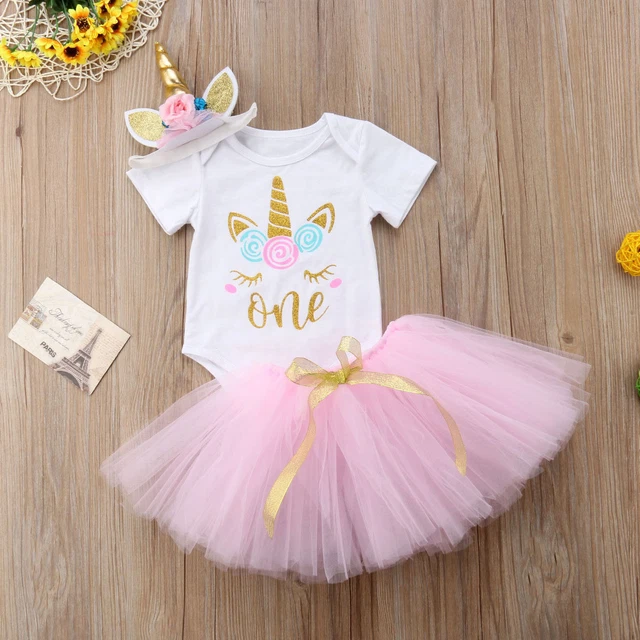 Newborn Baby Girl 1st Birthday Unicorn Top Romper Skirt Outfits Clothes