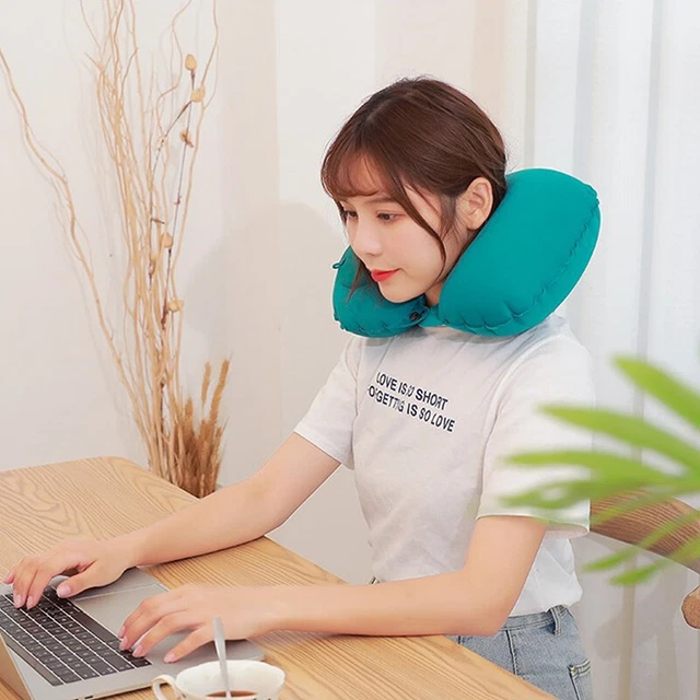 U-Shape Travel Pillow Air Inflatable Pillows Folding Press Type Neck Cushion~