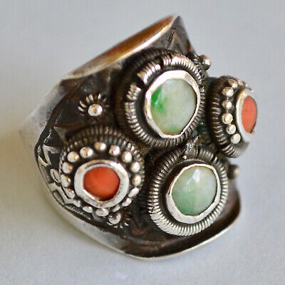 *Vintage OLD Chinese Export Sterling Silver Jade Coral Ring SIZE 7.5