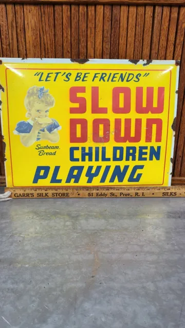 Sunbeam Bread Porcelain Slow Down Children Playing Lets Be Friends Sign