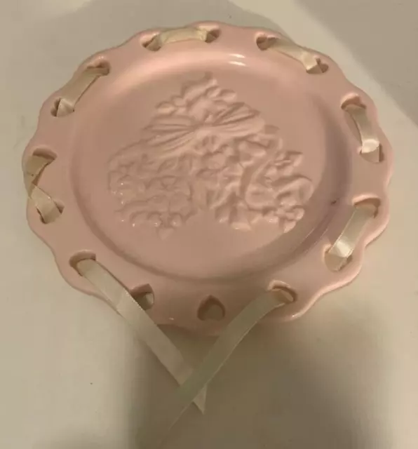 Longaberger Pottery Sweetest Heart Candle Plate #31167 ~ Pink w/ Ribbon LOT13-23