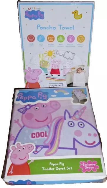 Peppa Pig Unicorns Rainbows Duvet Set Toddler Junior Cot bed & 1 st poncho towel