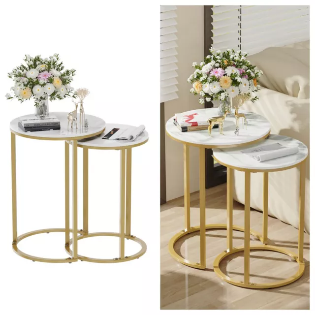 Set of 2 Staggered Sofa Side End Table Stacking Cocktail Coffee Table Marble Top