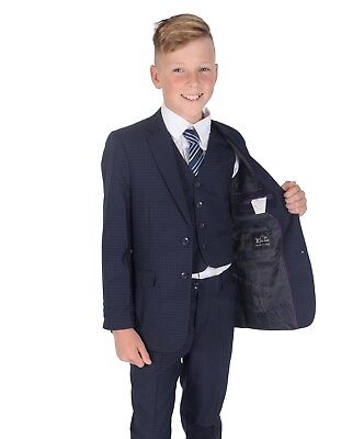 Navy Blue Checked Suit 5 Piece Wedding Suit Prom Page Boy Suit Formal  2-12 Year