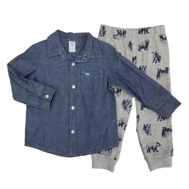 Carters Infant Boys 2-Piece Chambray Shirt & Grizzly Bear Pants Set