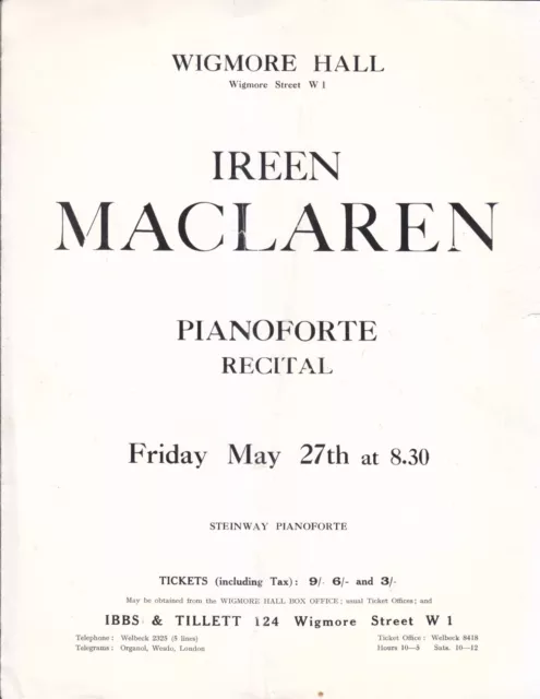 Konzertkonzertkonzertkonzertprogramm 1938 Wigmore Hall Ireen Maclaren Klavier