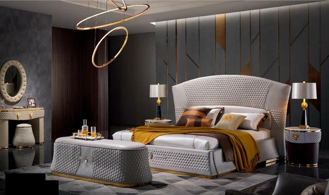 Lit + 2x Table de Chevet 3 Pièces Chambre à Coucher Set Design Moderne Luxe