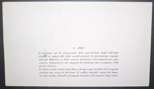 Italia Repubblica 1957 Educazione Stradale Busta Primo Giorno Fdc (C.2) 2