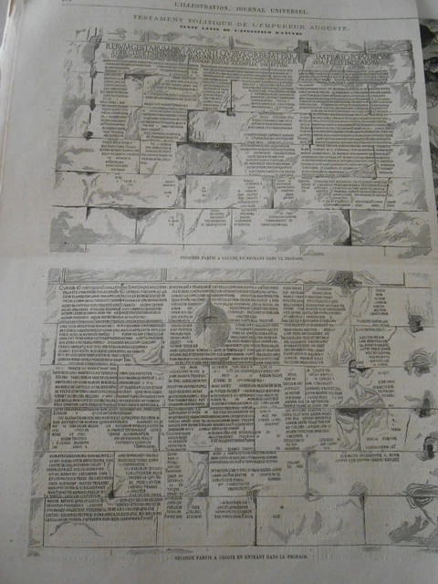 Gravure 1864 - Testament politique de l'empereur Auguste texte latin