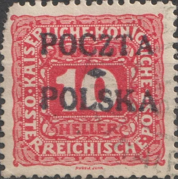 UN-USED 1919 POLAND 10 Heller RED Digit in Octagon POCZTA POLSKA Overprint