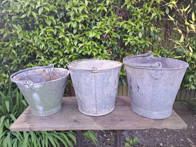 3 Vintage Weathered Riveted Galvanised Buckets Fire Garden Planters