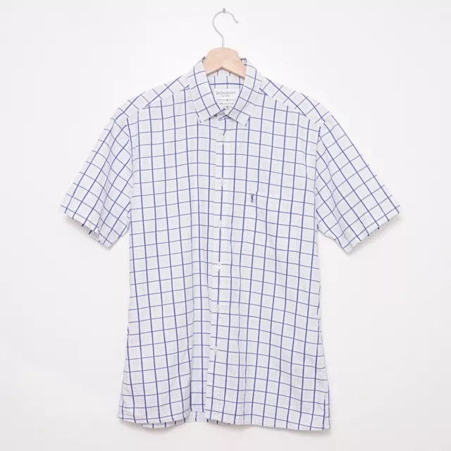 Vintage Yves Saint Laurent Shirt YSL Mens Blue Check Cotton Designer 90s Large