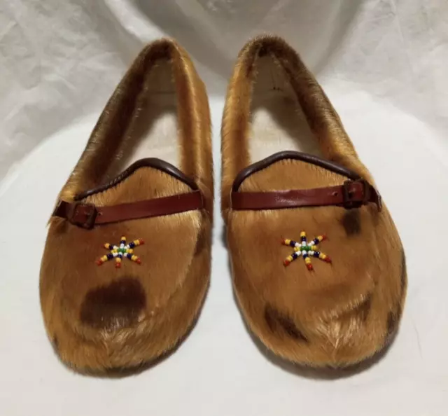 Vintage Reindeer Fur Slip on Loafers Bedroom Slippers Women's Shoes US 8