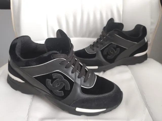 CHANEL CC BLACK Suede Velour Velvet Trainers Sneakers Shoes Lace