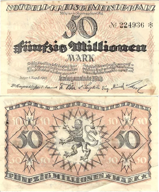 Banknote Notgeld 50.000.000 Mark 11.08.1923 Speyer Kreisgemeinde Pfalz SELTEN