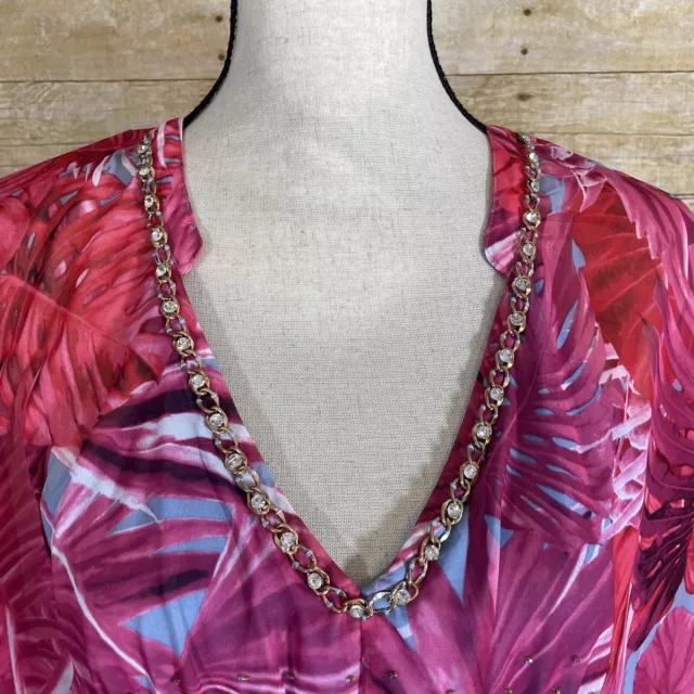 Jennifer Lopez Caftan Dress L Pink Tropical Leaf Kaftan Kimono Embellished NWT 3