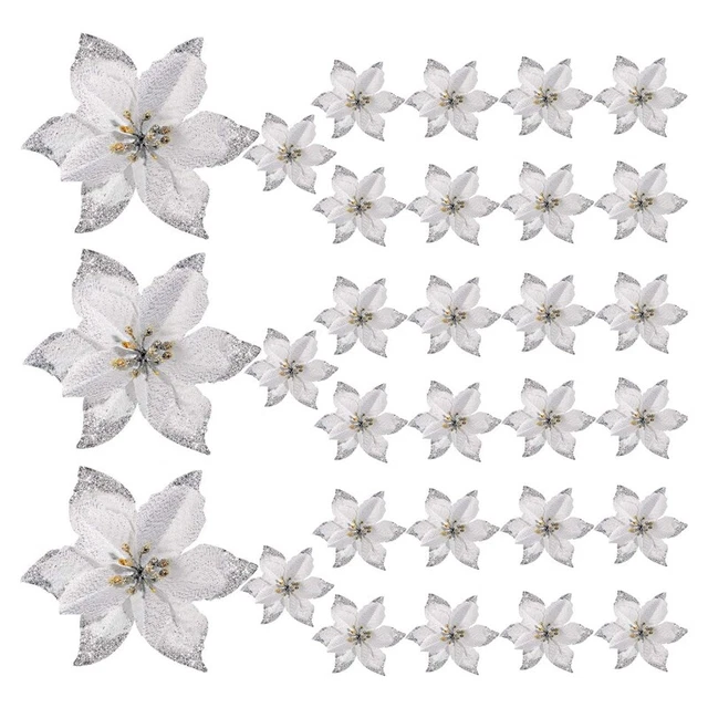 Confezione da 50 Glitter Poinsettia Albero di Natale Ornamenti Fiori di Seta ArtificialiN1