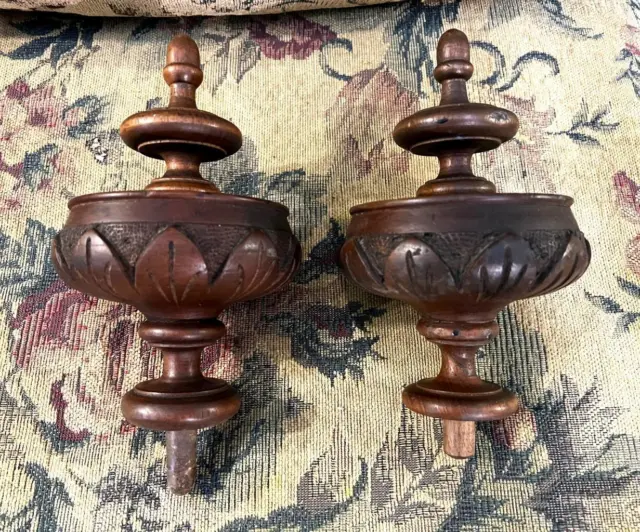 Pair Carved Wood Finials Antique Newel Post Bed Furniture Architectural Salvage