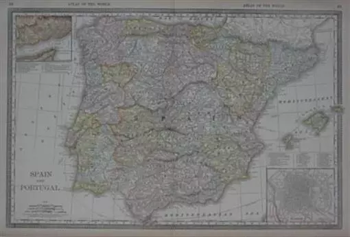 1888 Map SPAIN PORTUGAL Lisbon Madrid Barcelona Majorca