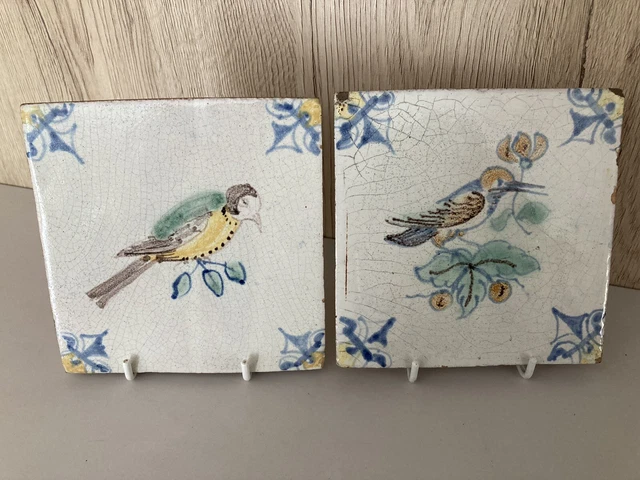 Pair of Old 5" Polychrome Delft Bird Tiles Hand Painted