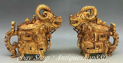 China Bronze 24 K Gold Gilt Dragon Baest Head Cup Wine glass Winebowl Pair
