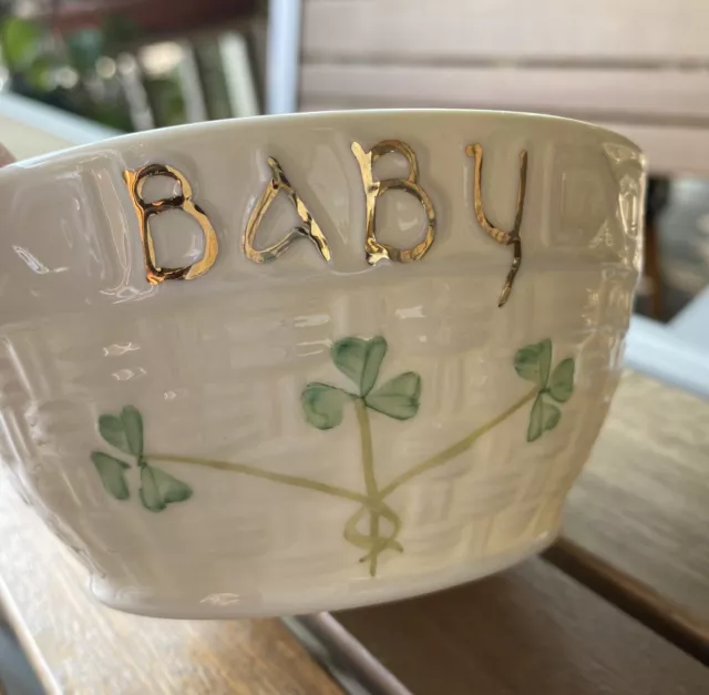 BELLEEK Ireland Kylemore Baby Bowl Basketweave Shamrock Small Dish Keepsake 3