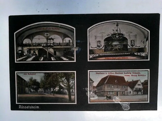 Rüsselsheim am Main. Alte, seltene Ansichtskarte s/w und farbig, gel. 1914. 4 An